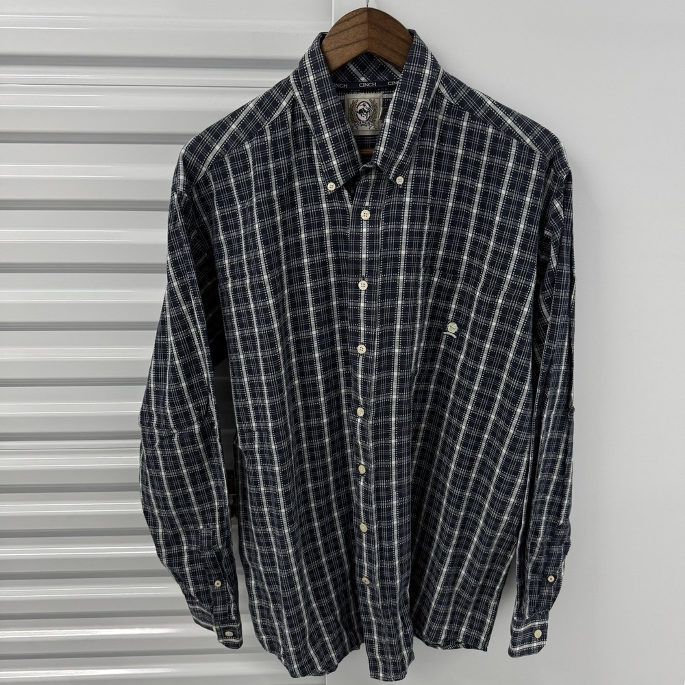 Cinch Mens Plaid Button Down Shirt Western Long Sleeve Blue‎ White L